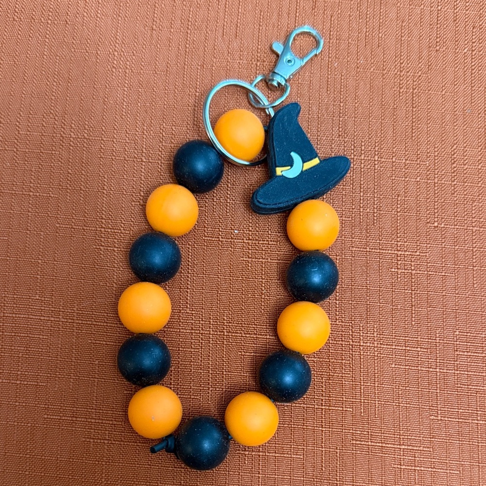 Halloween Witch Hat Beaded Keychain - Orange and Black